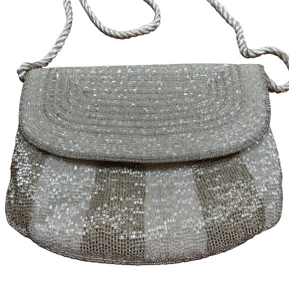 Vintage 1980’s beaded evening bag wedding brides purse white satin silver gold - Picture 2 of 10